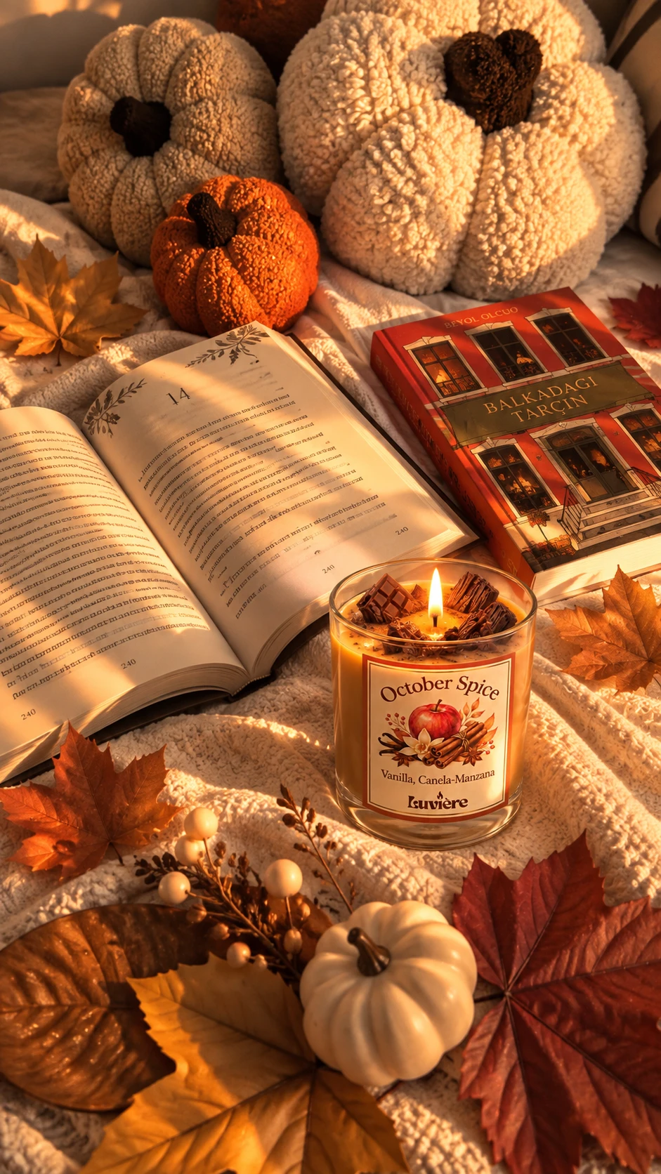 Vela October Spice junto a un libro abierto y calabazas de tejido