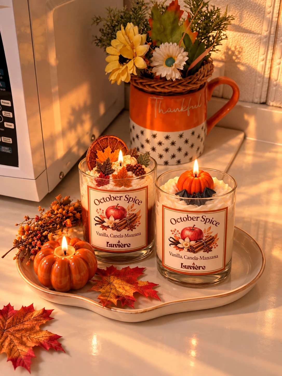 Dos velas October Spice con detalles de calabaza sobre una bandeja