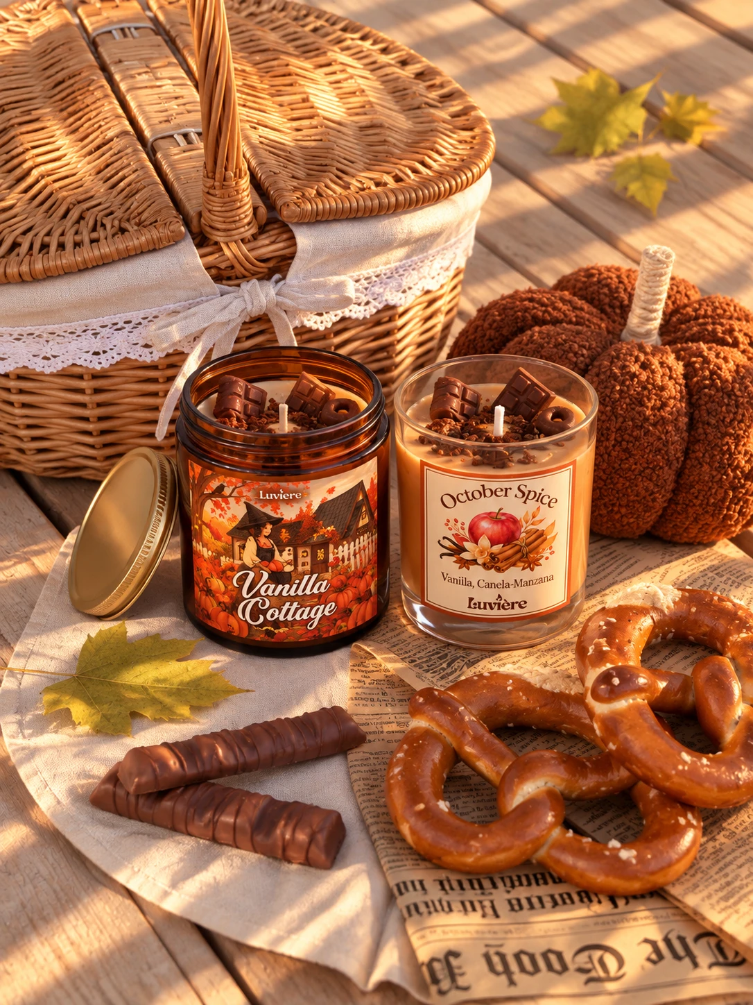 Vanilla Cottage y October Spice en vidrio ámbar junto a una cesta y pretzels