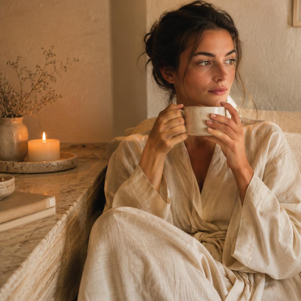 Mujer en bata con una taza de té junto a una vela encendida
