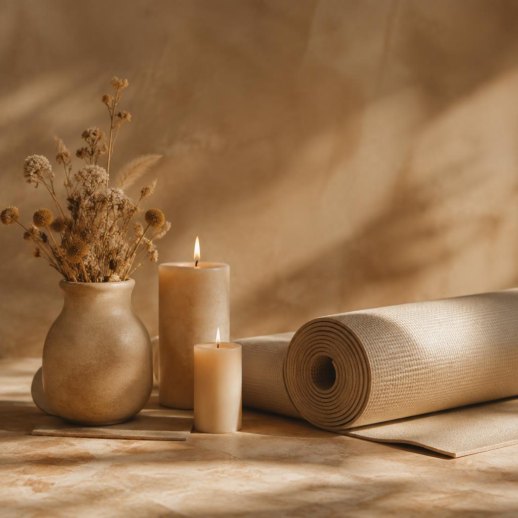 Mat de yoga enrollado junto a velas y flores secas