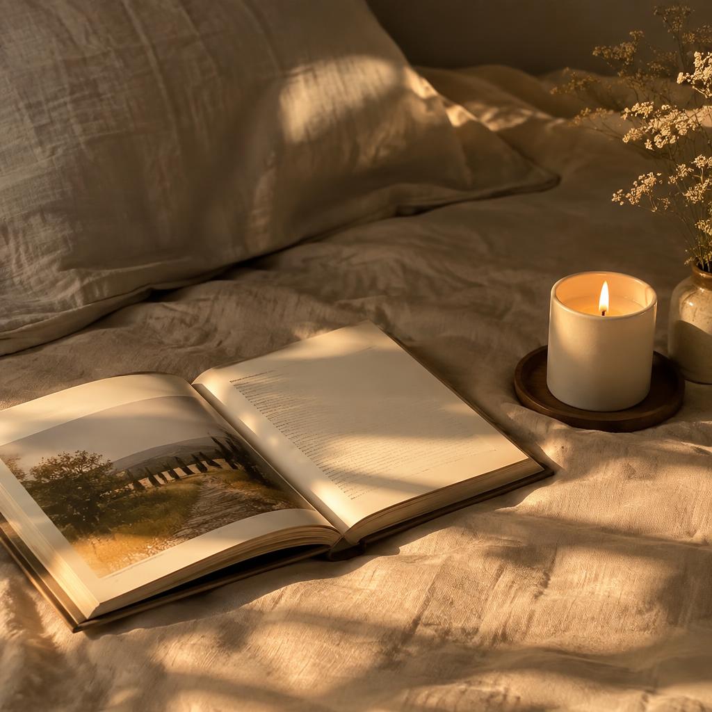 Libro abierto sobre ropa de cama de lino con una vela encendida