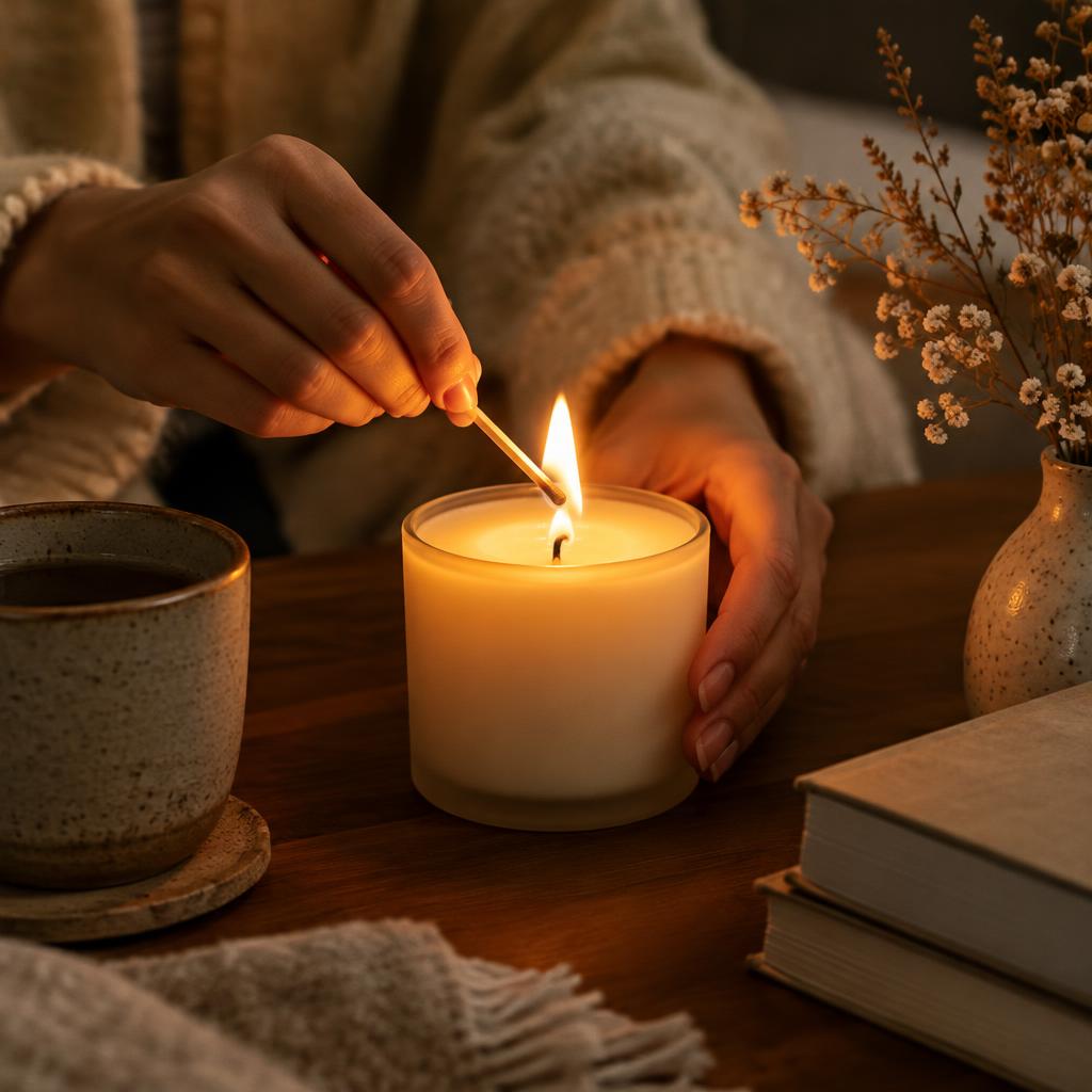Manos encendiendo una vela con un fósforo sobre una mesa de madera