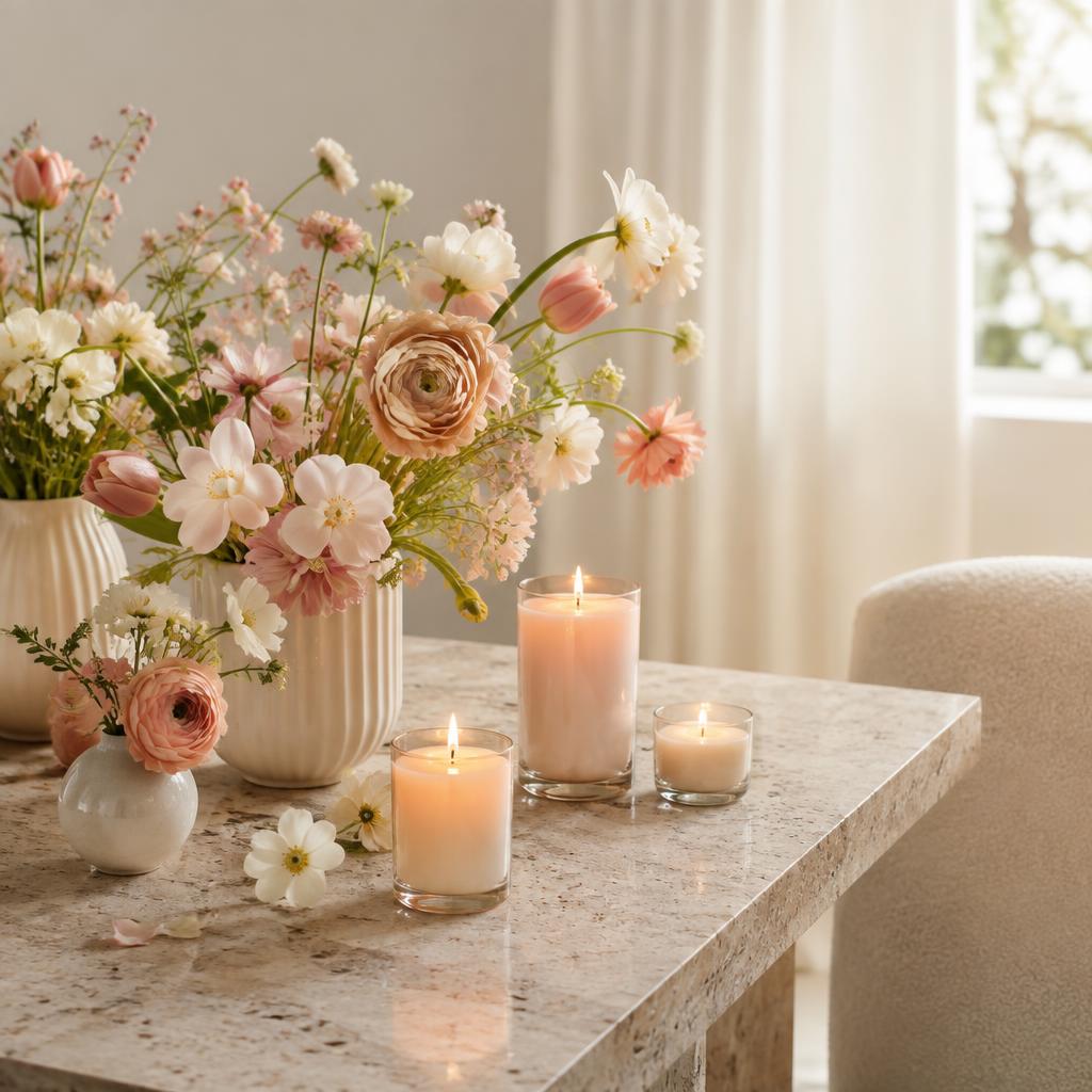 Arreglo de flores de primavera con velas sobre una mesa de piedra