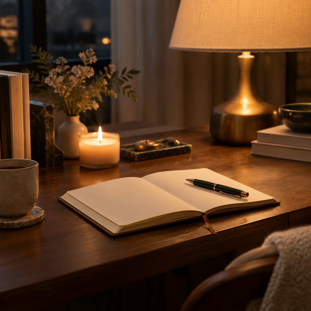 Cuaderno abierto con lápiz y vela encendida sobre un escritorio