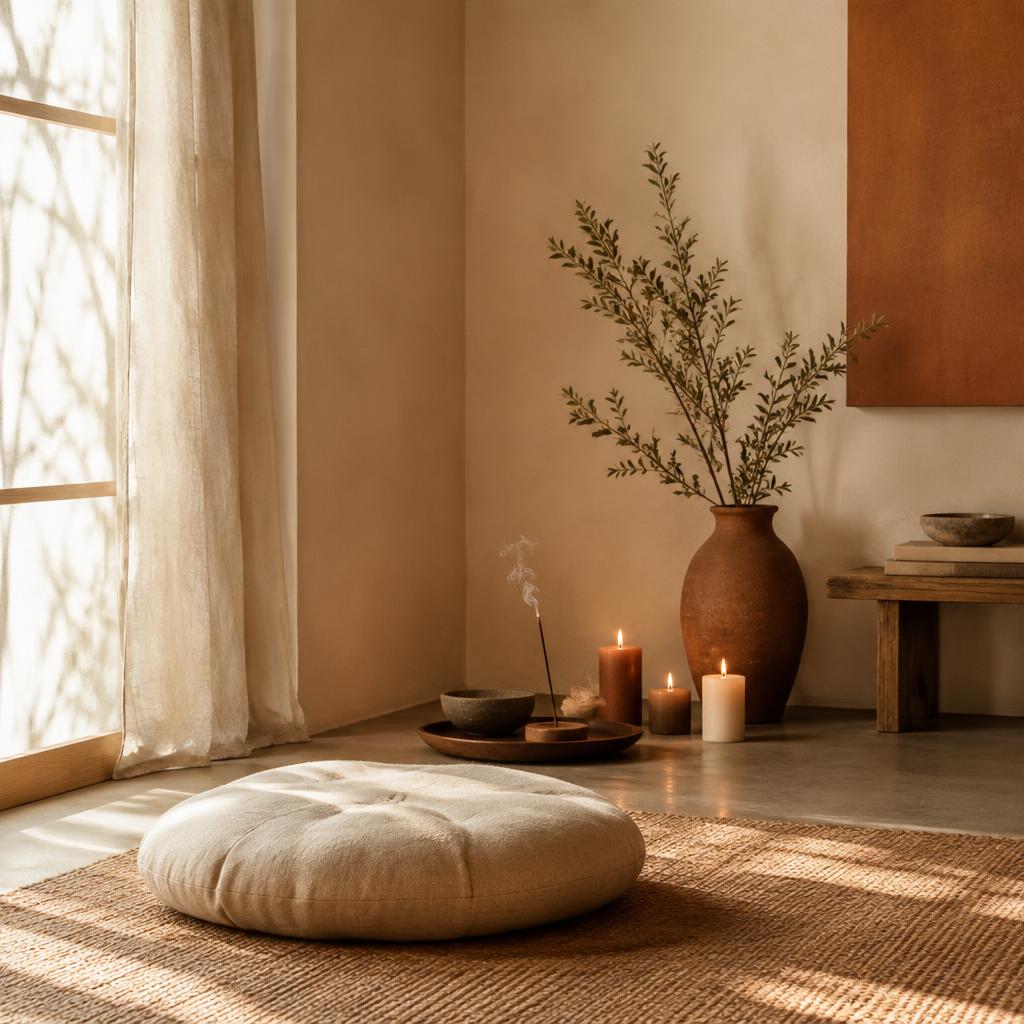 Rincón de meditación con cojín, incienso y velas