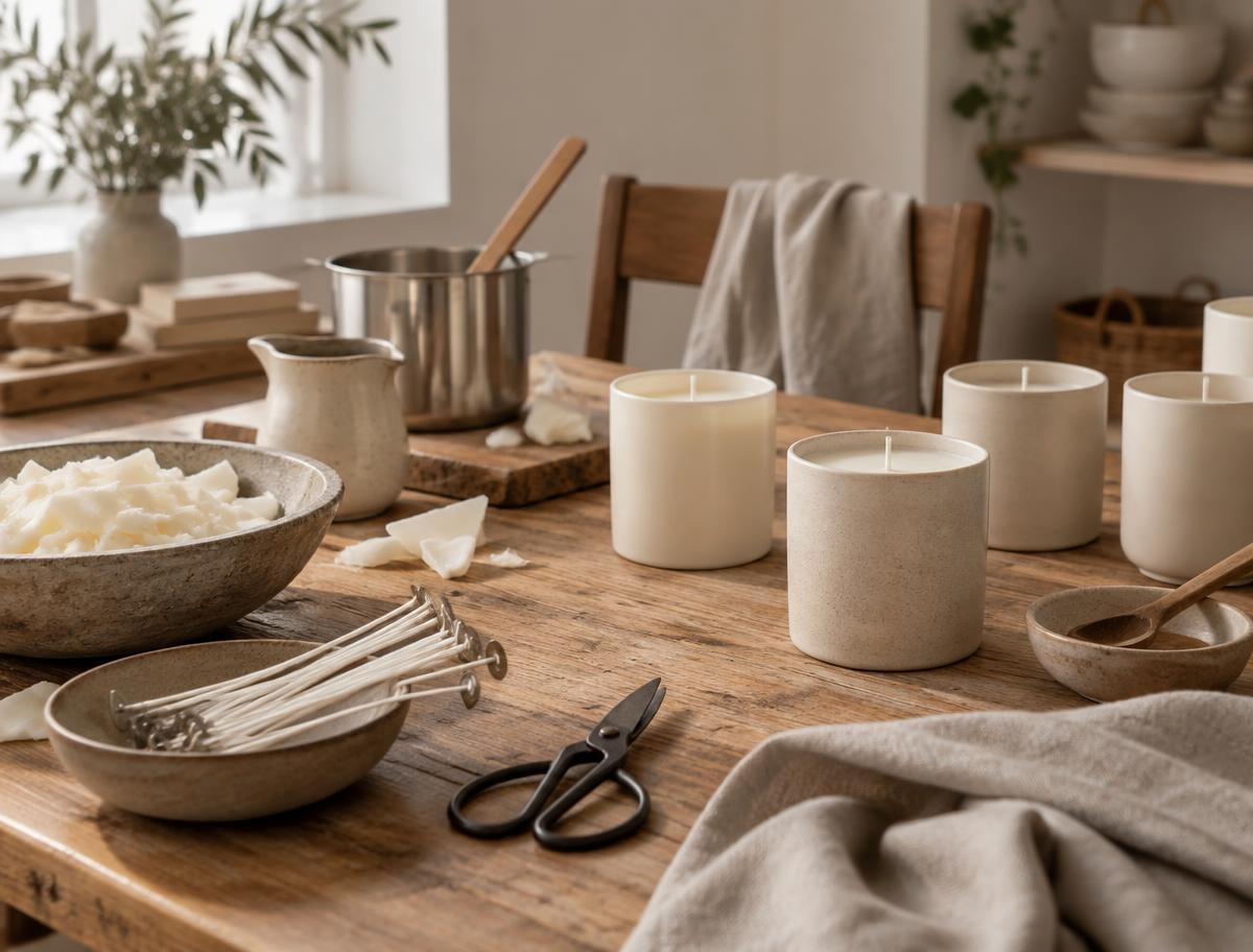 Vista previa de una mesa de creación de velas con materiales y envases claros